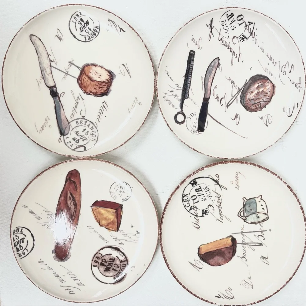 Williams Sonoma Artisanal Cheese Plates Set of 4 Cheese + Bread Illustrations